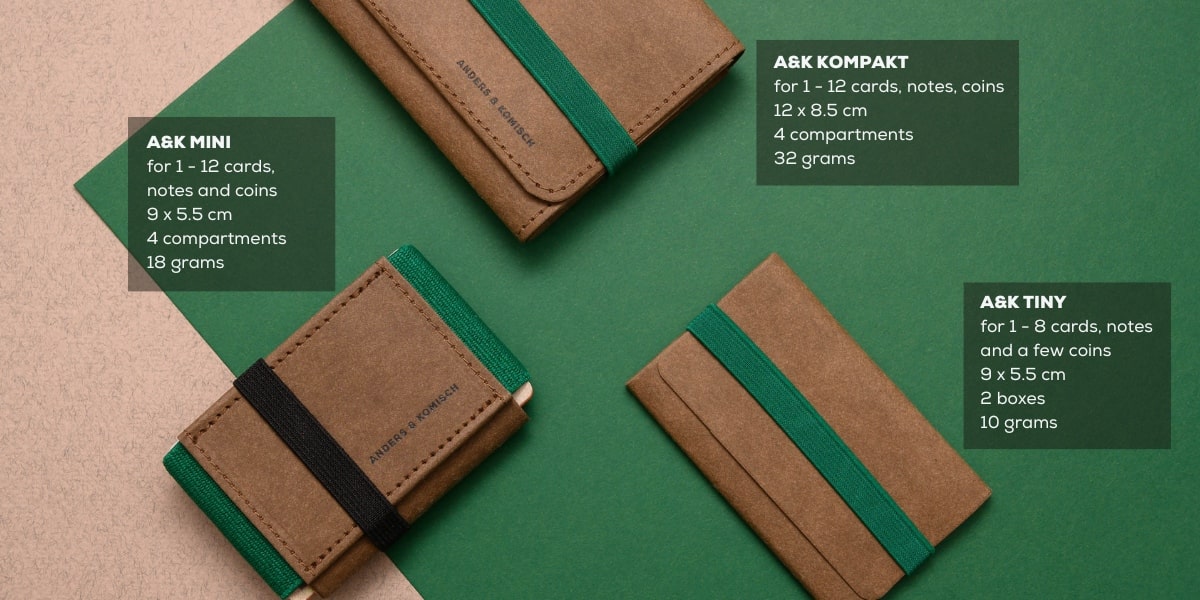 slim wallets, 3 modells in Brown and green. Very light and useful for your daily life.